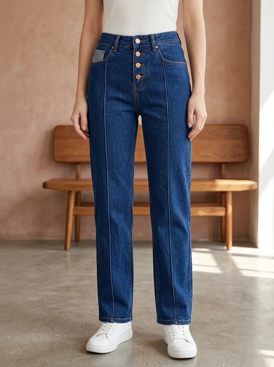 Women's High Waisted Button Fly Seamed Denim Jeans