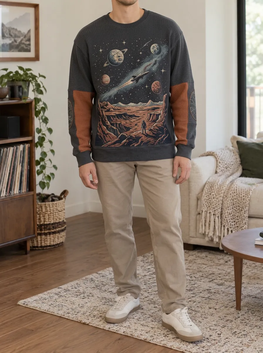 Men's Space Explorer Galaxy Planet Waffle Knit Crewneck Sweatshirt