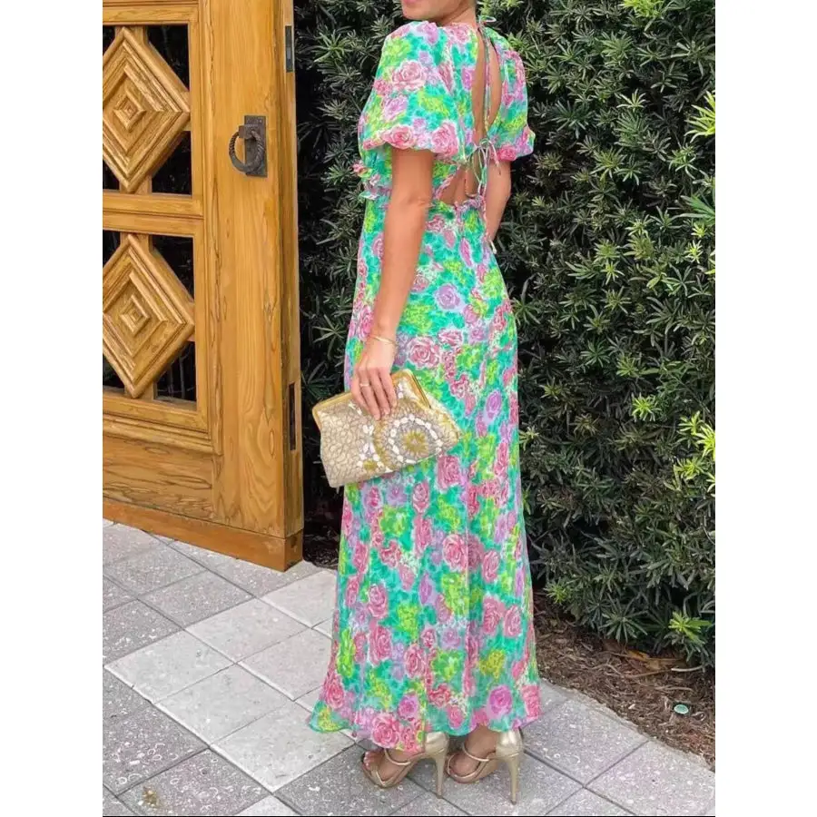 Print V-neck Puff Sleeve Midi Dress