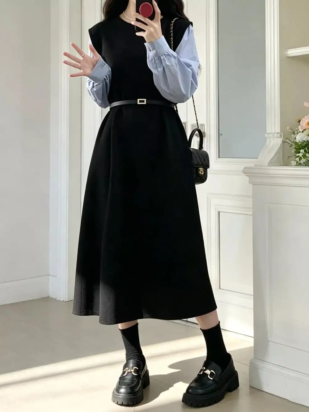 Contrast Sleeve A-Line Dress With Belt