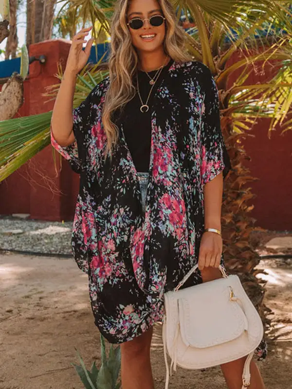Mid Length Slit Chiffon Printed Sunscreen Swimsuit