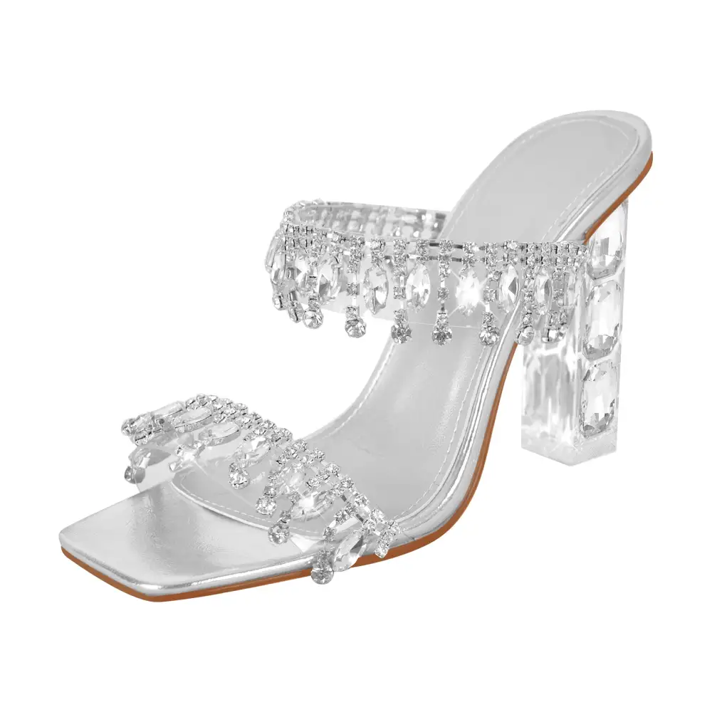 Rhinestone Square Toe Clear Chunky Heel Sandals