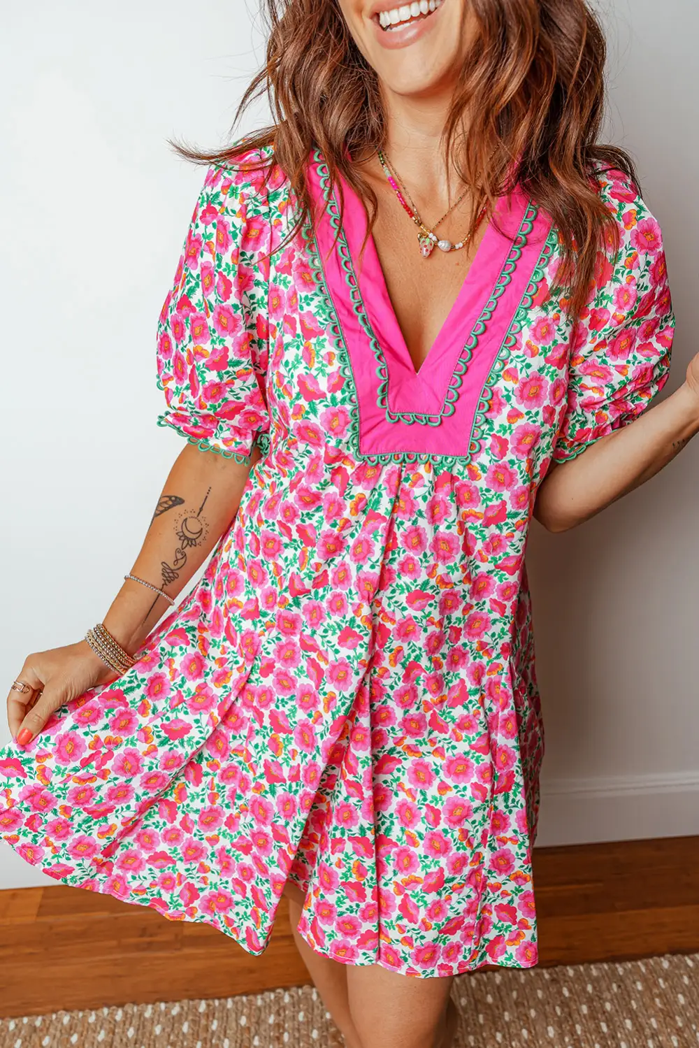 Structured Shape Floral Patchwork V Neck Mini Dress