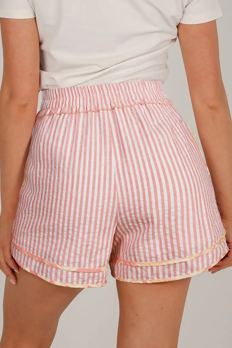 Floral Trim Ribbon Knot Striped Casual Shorts