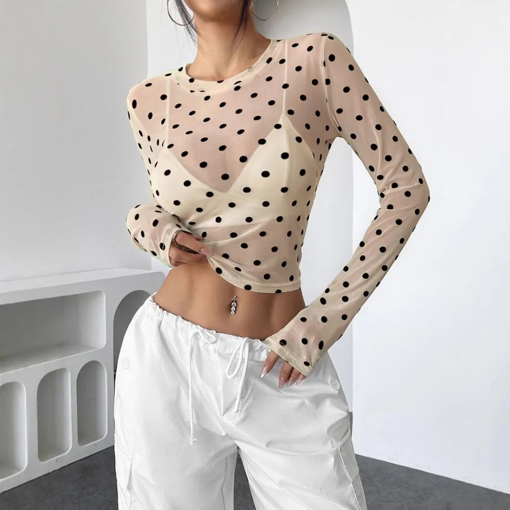 Polka Dot Mesh Long Sleeve Blouse