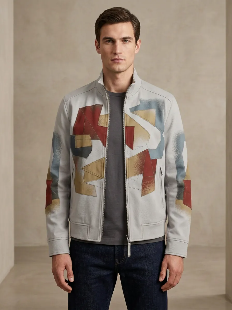 Men's Abstract Geometric Pattern Printed Olive Jacket