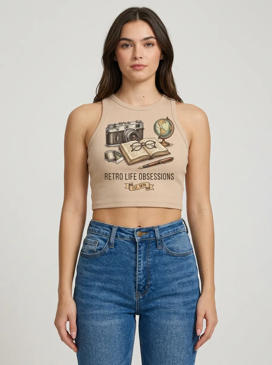 Women's Retro Travel Camera Globe Book Graphic Ribbed Crop Tank Top