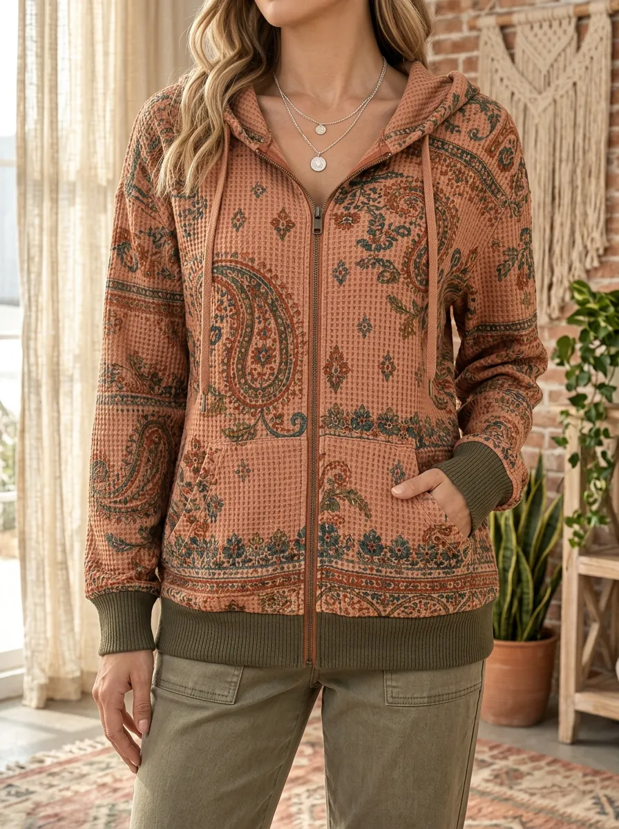 Women's Boho Paisley Signature Styling Waffle Zip-Up Hoodie