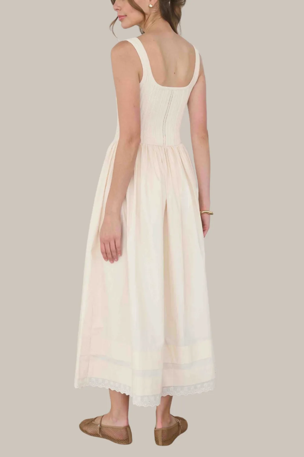 Sleeveless Mixed Media Pointelle Knit Midi Dress