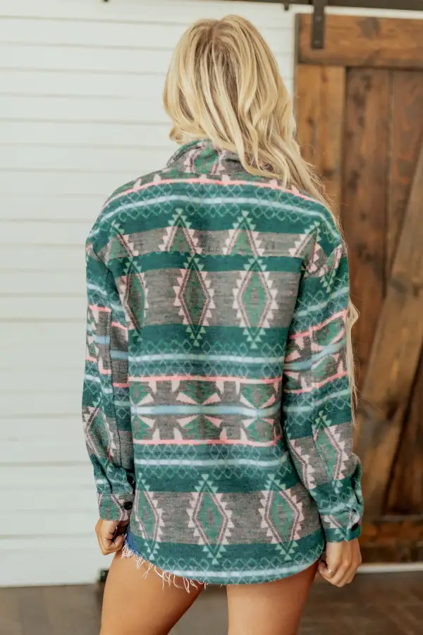 Women's Geometric Print Button Front Long Sleeve Shacket