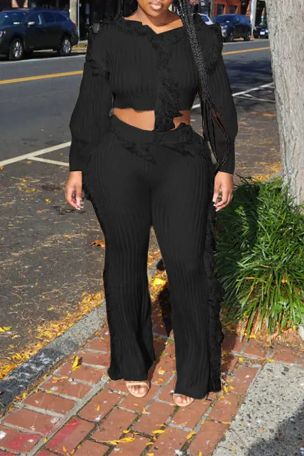 Solid Color Tassel Round Neck Pant Set
