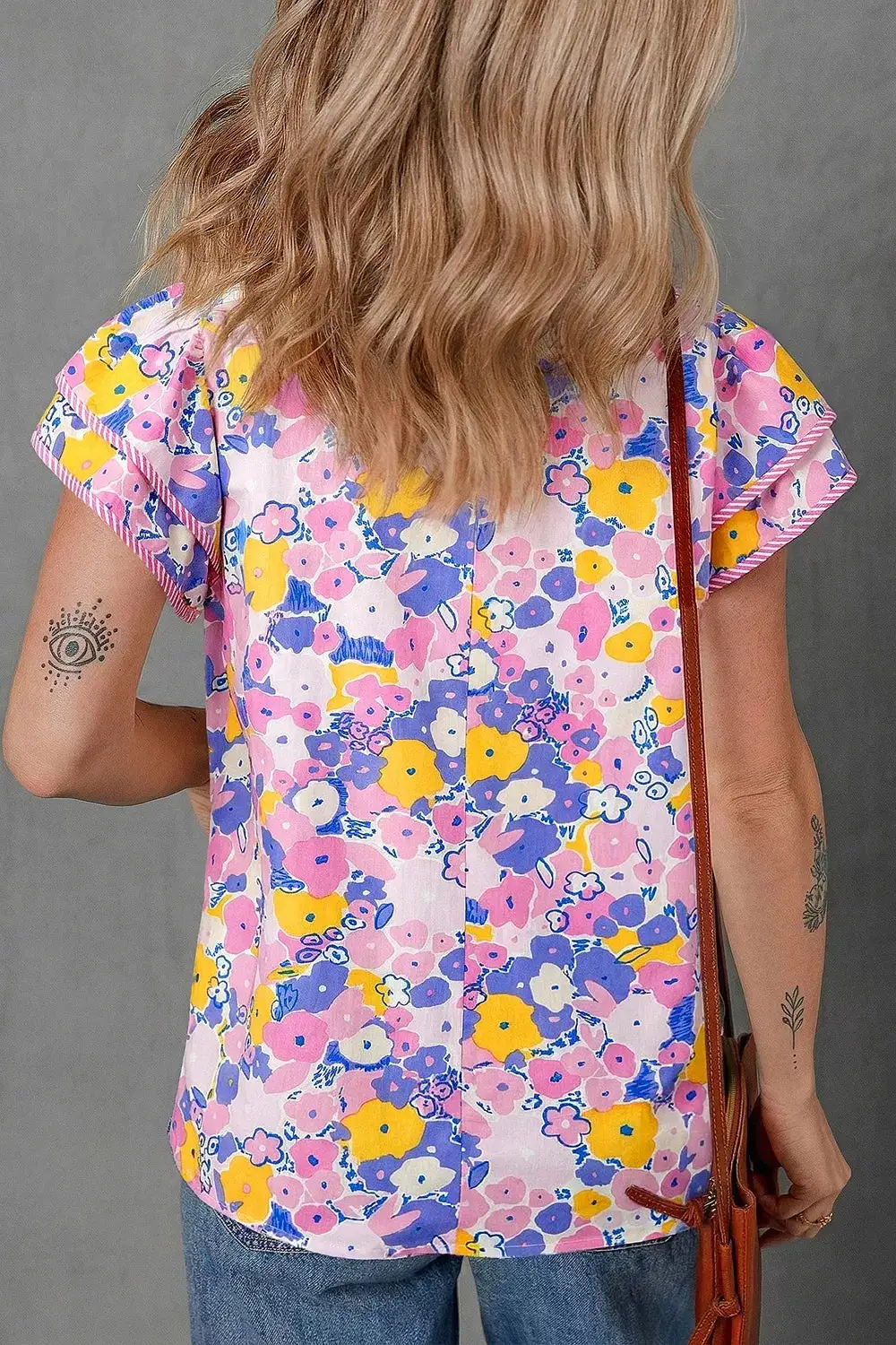 Floral Print Striped Color Block Patchwork V-Neck Flutter Sleeve Blouse