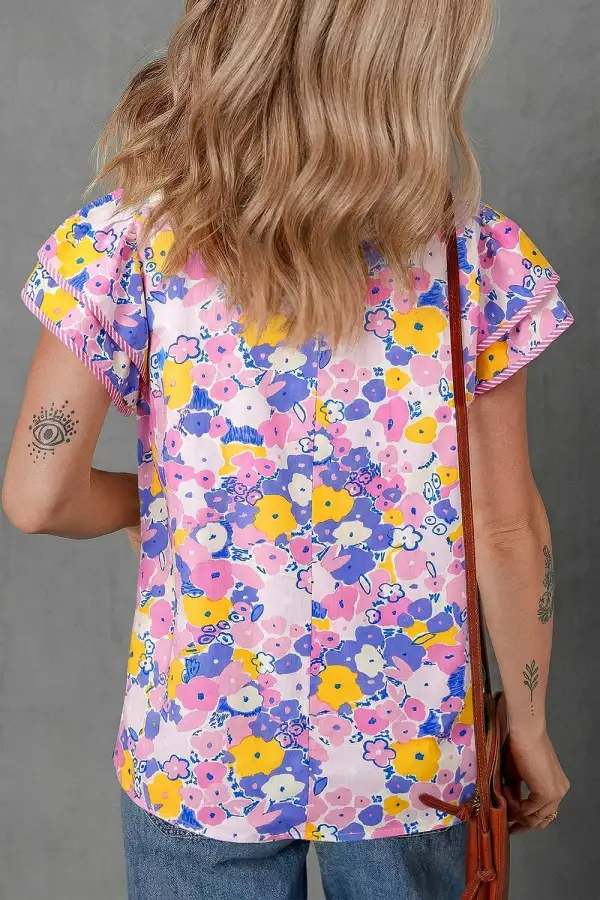 Floral Print Striped Color Block Patchwork V-Neck Flutter Sleeve Blouse