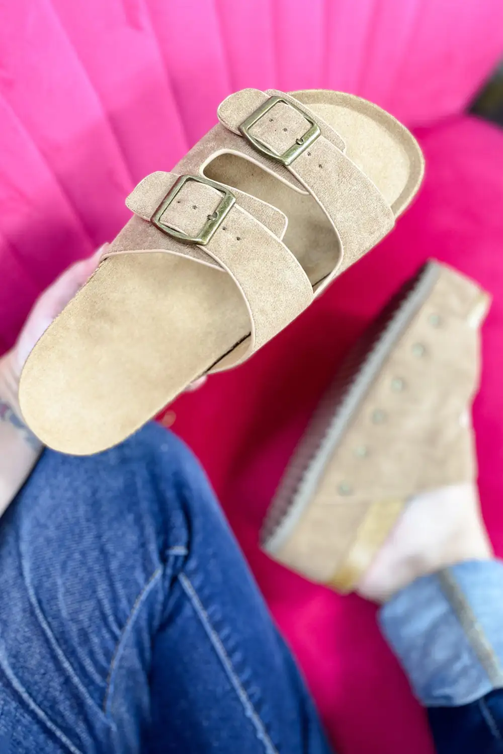 Suede Buckle Decor Footbed Sandals Slide Slippers