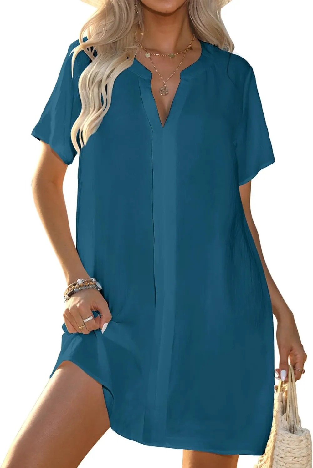 Women's Swimsuit Coverup V Neck Short Sleeve Beach Cover Ups