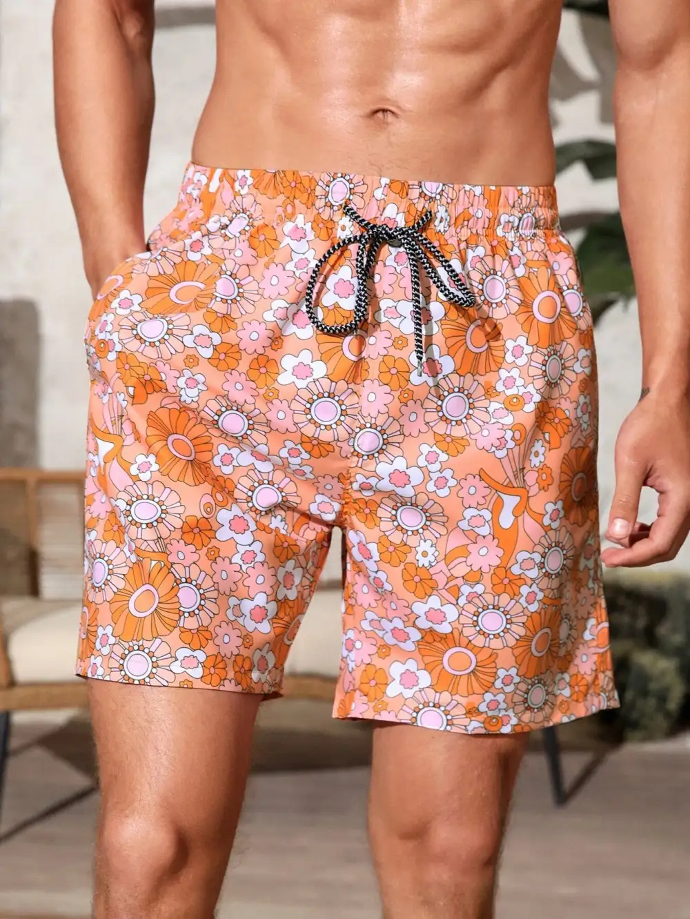 Men's Drawstring Floral Pocket Beach Shorts
