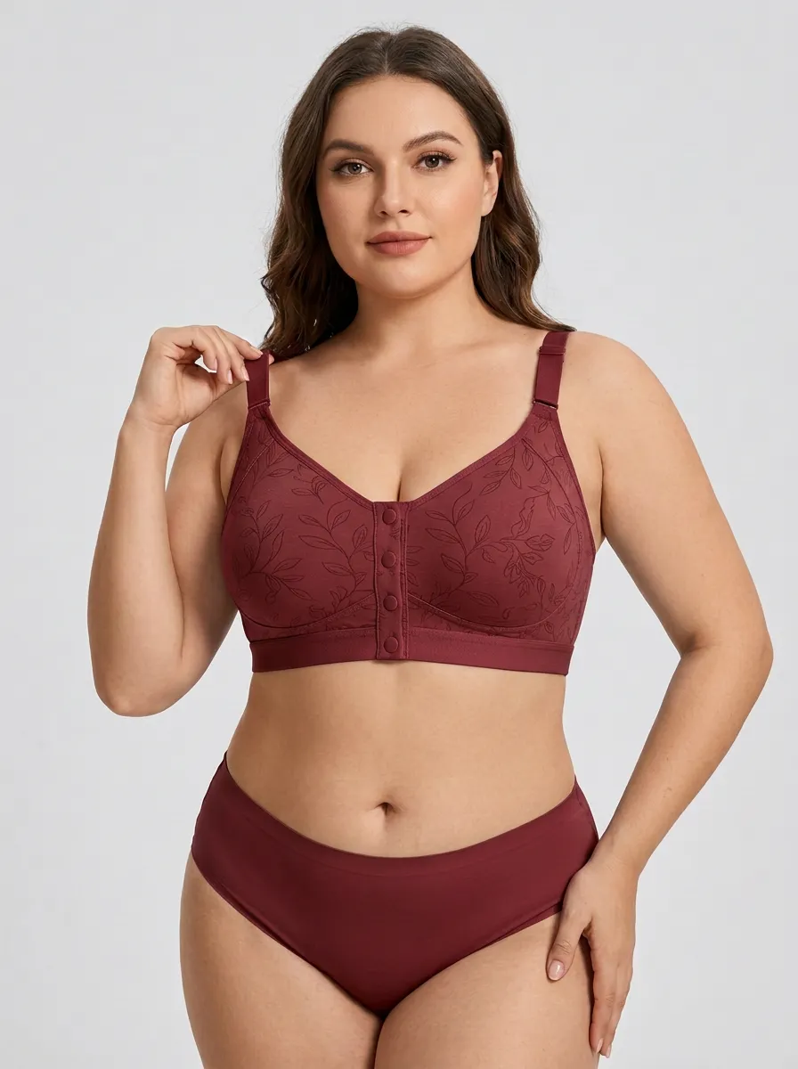 Women's Plus Size Dusty Rose Rose Floral Front-Closure Full-Coverage Wireless Bralette