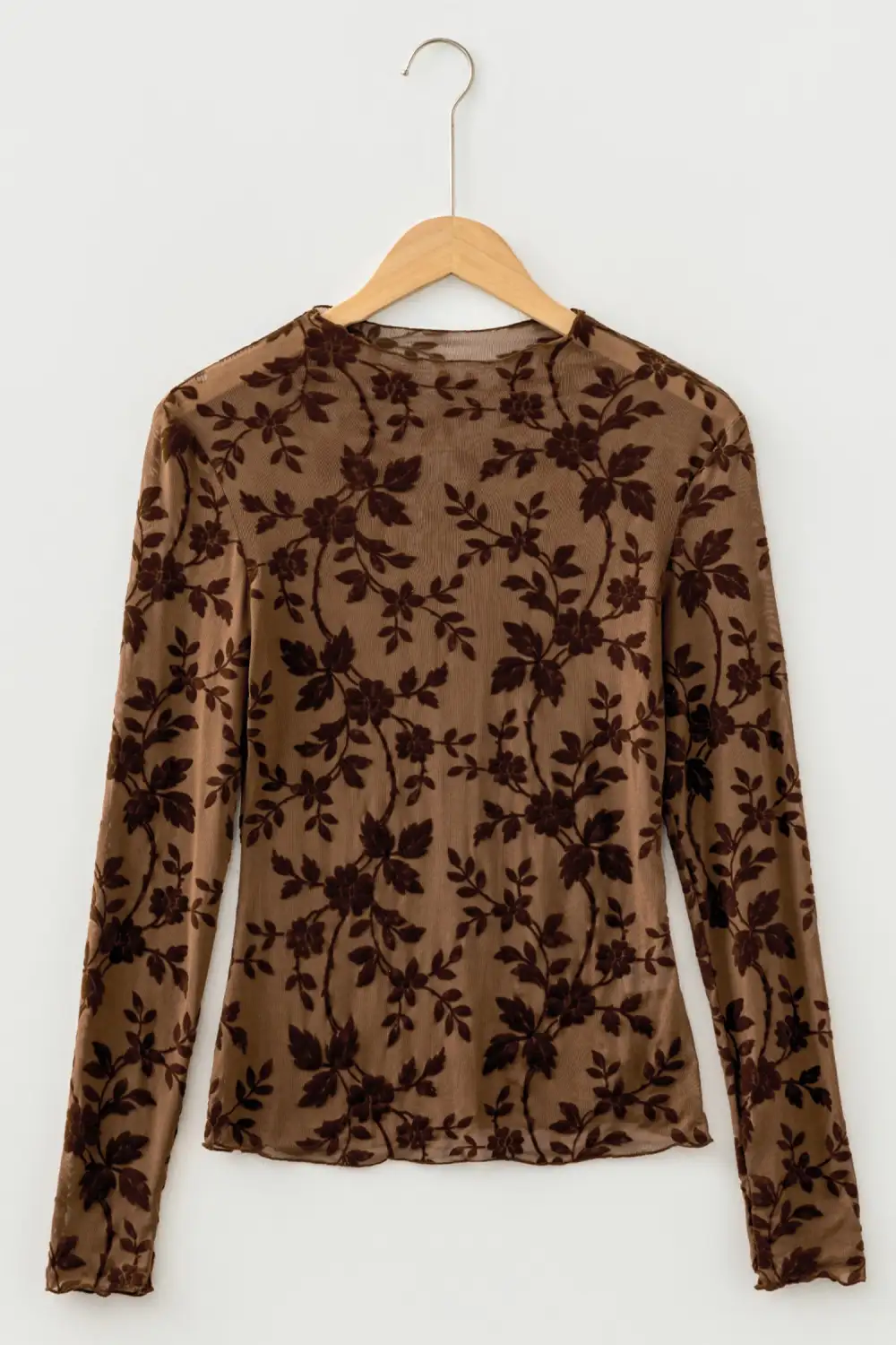 Floral Print Round Neck Mesh Stretch Fabric Long Sleeve Top
