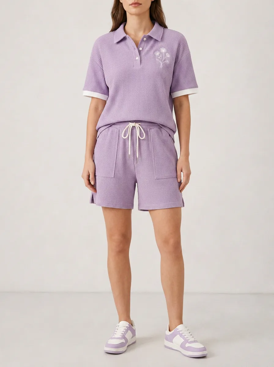 Women's Waffle Knit Floral Embroidered Polo Shorts Set