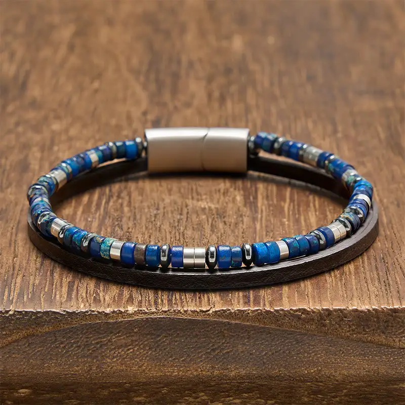 Lapis Lazuli Double Wrap Leather Bracelet