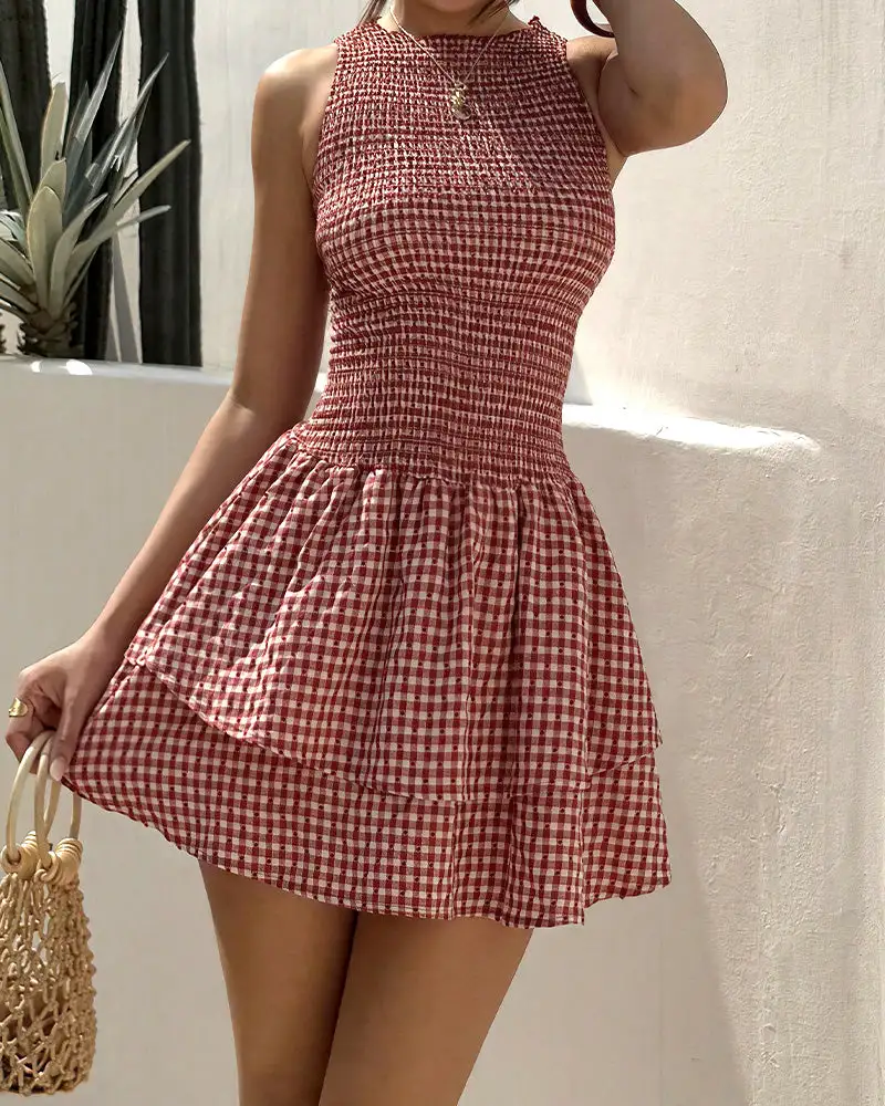 Smocked Gingham Sleeveless Ruffle Mini Dress