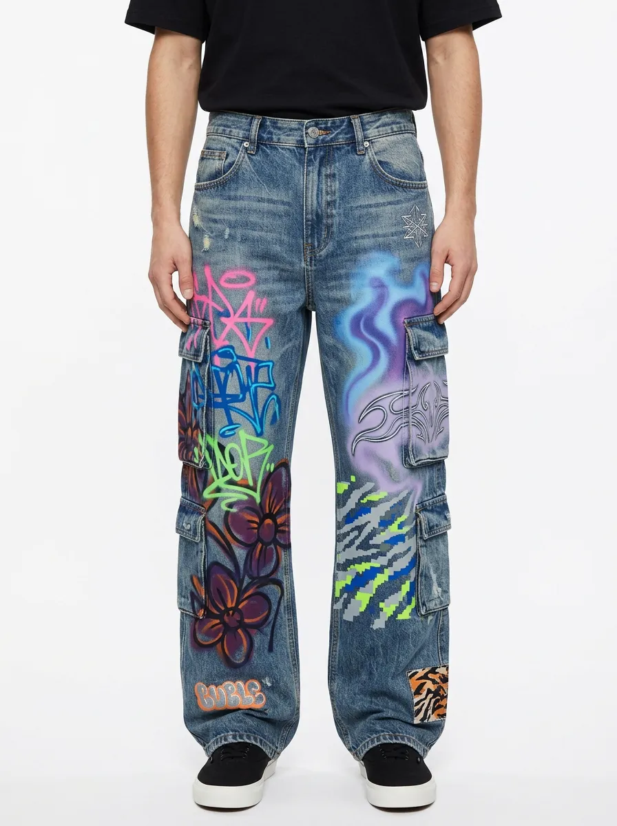 Men's Streetwear Graffiti Floral Flame Graphic Cargo Jeans