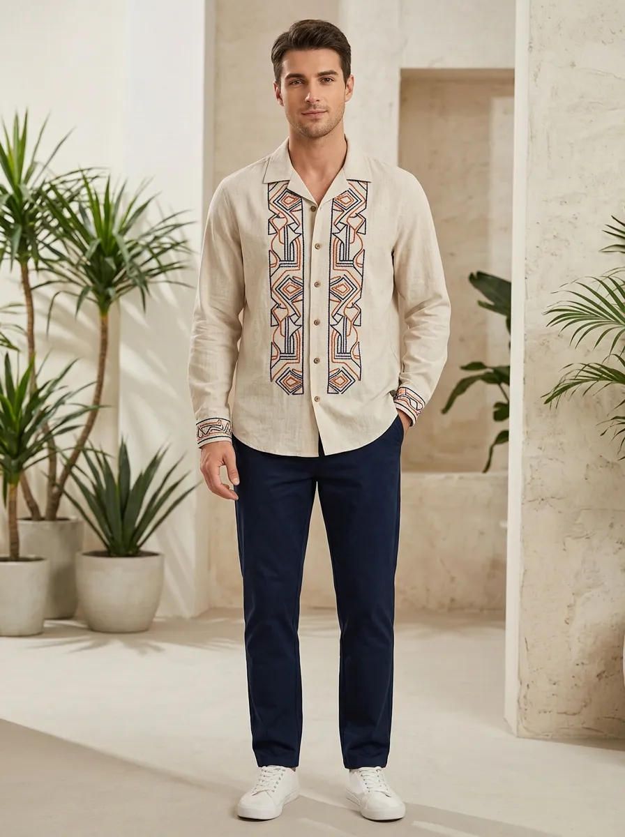 Men's Geometric Boho Refined Embroidered Shirt