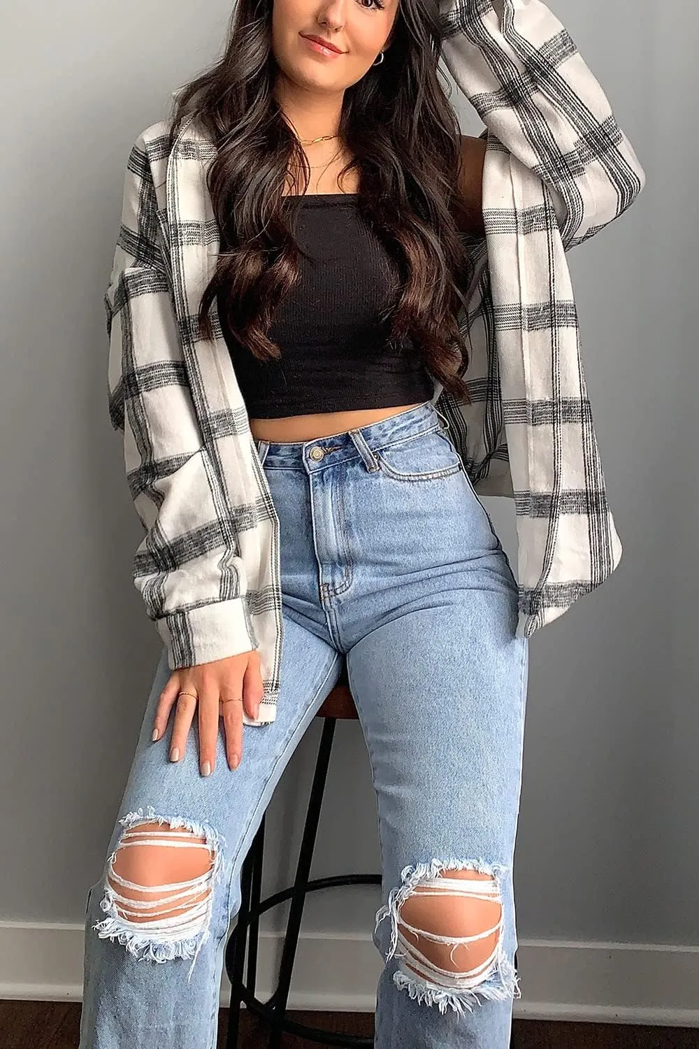 Women's 2023 Fall Clothes Plaid Shacket Jacket Long Sleeve Button Down Flannel Shirts Fashion Blouse