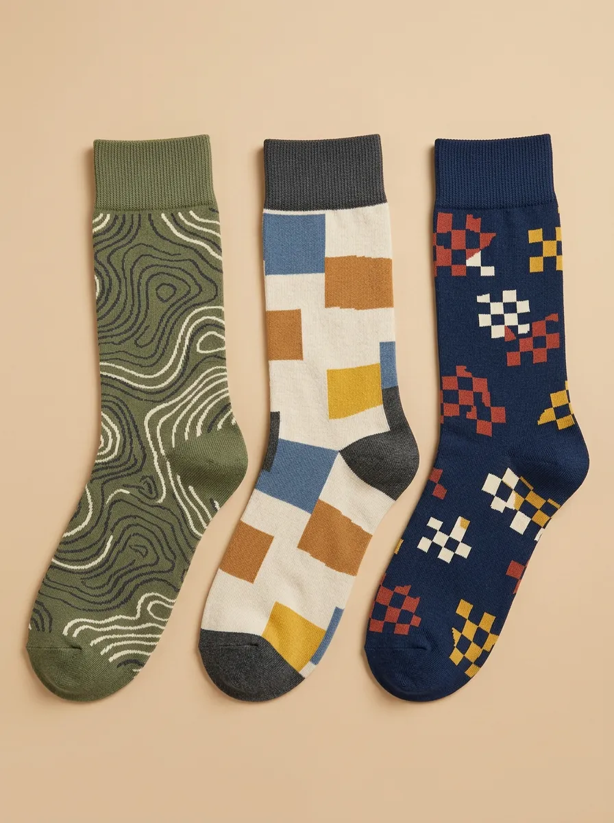 Men's Geometric Abstract Topographic Printed Three-Pack Socks Ribbed Cuff