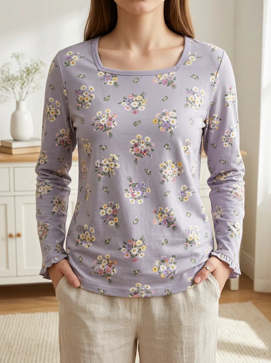 Women's Sweet Style Floral Bouquet Printed Square Neck Long Sleeve Top