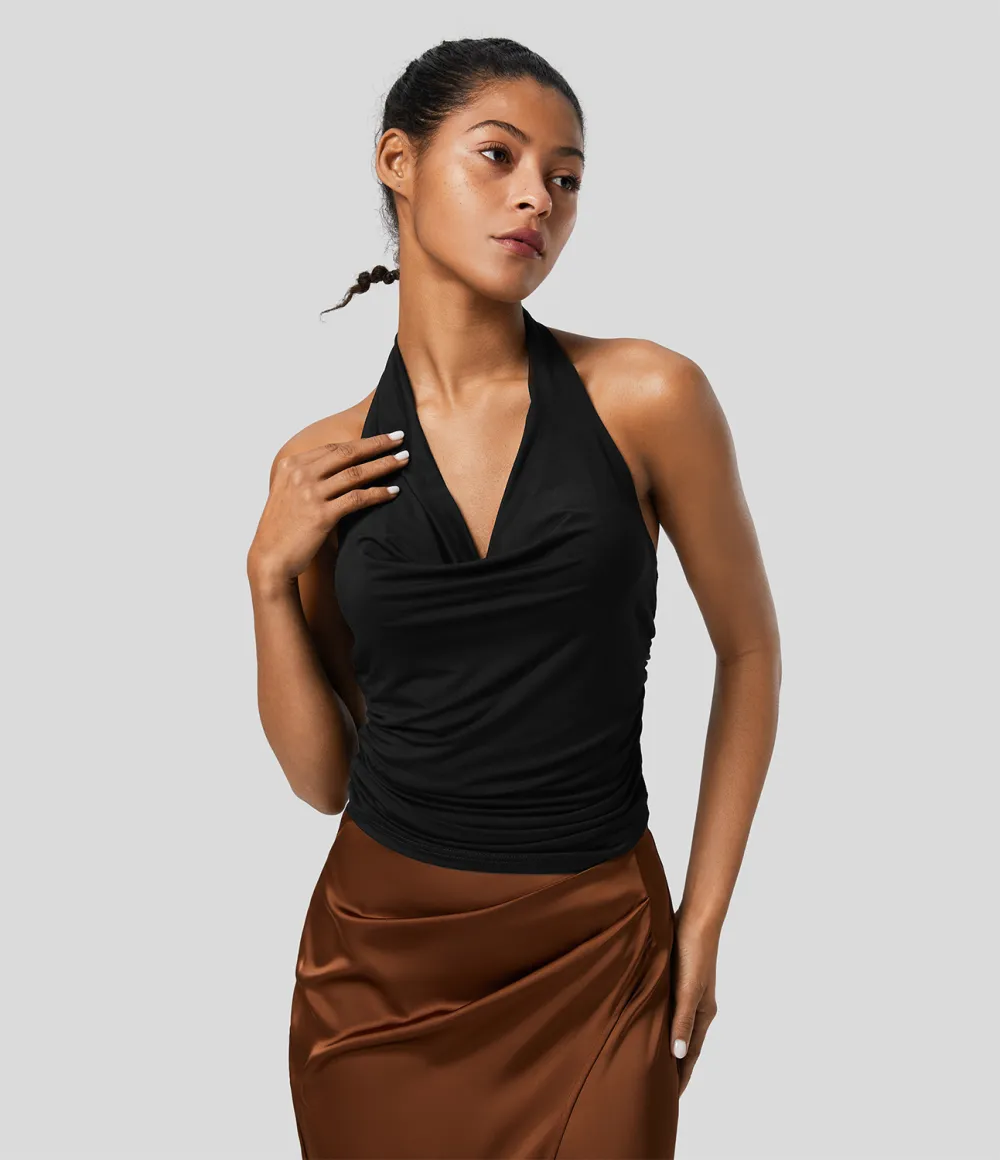 Halter Cowl Neck Backless Ruched Casual Tank Top