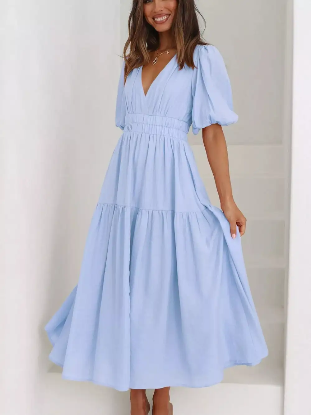Everyday V-neck Puff Sleeve Midi Dress
