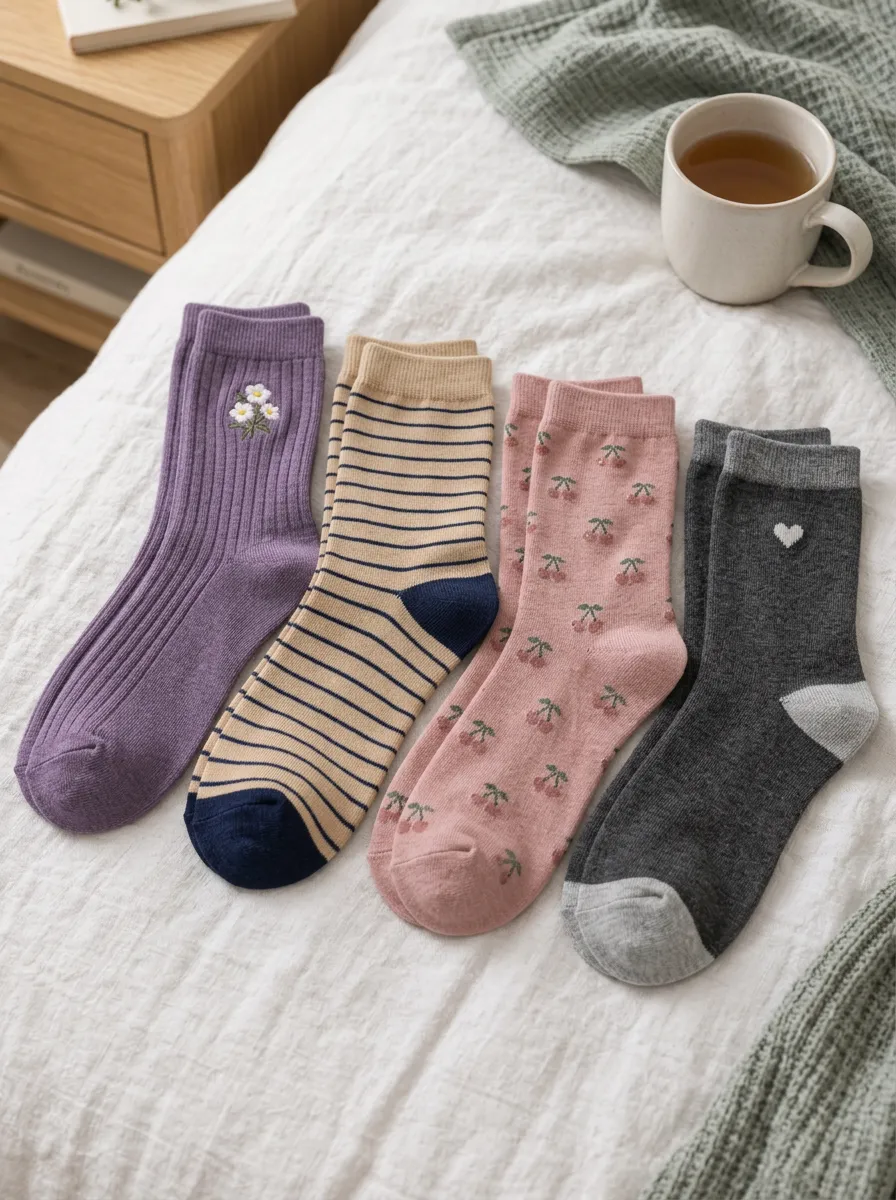 Women's Floral Striped Cherry Heart Pattern Printed Socks Set