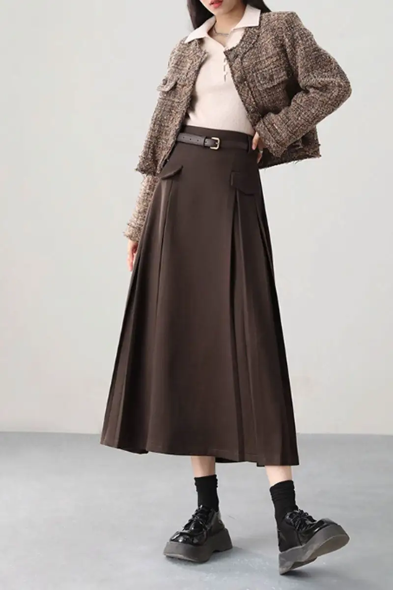 Artful Wool Blend A Line Pocketed Midi Skirt
