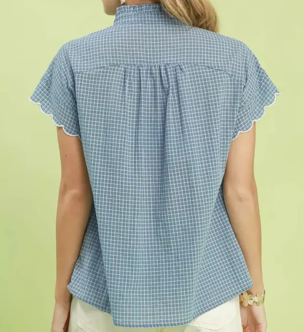 Classic Embroidered Print Scallop Sleeve Button Front Blouse