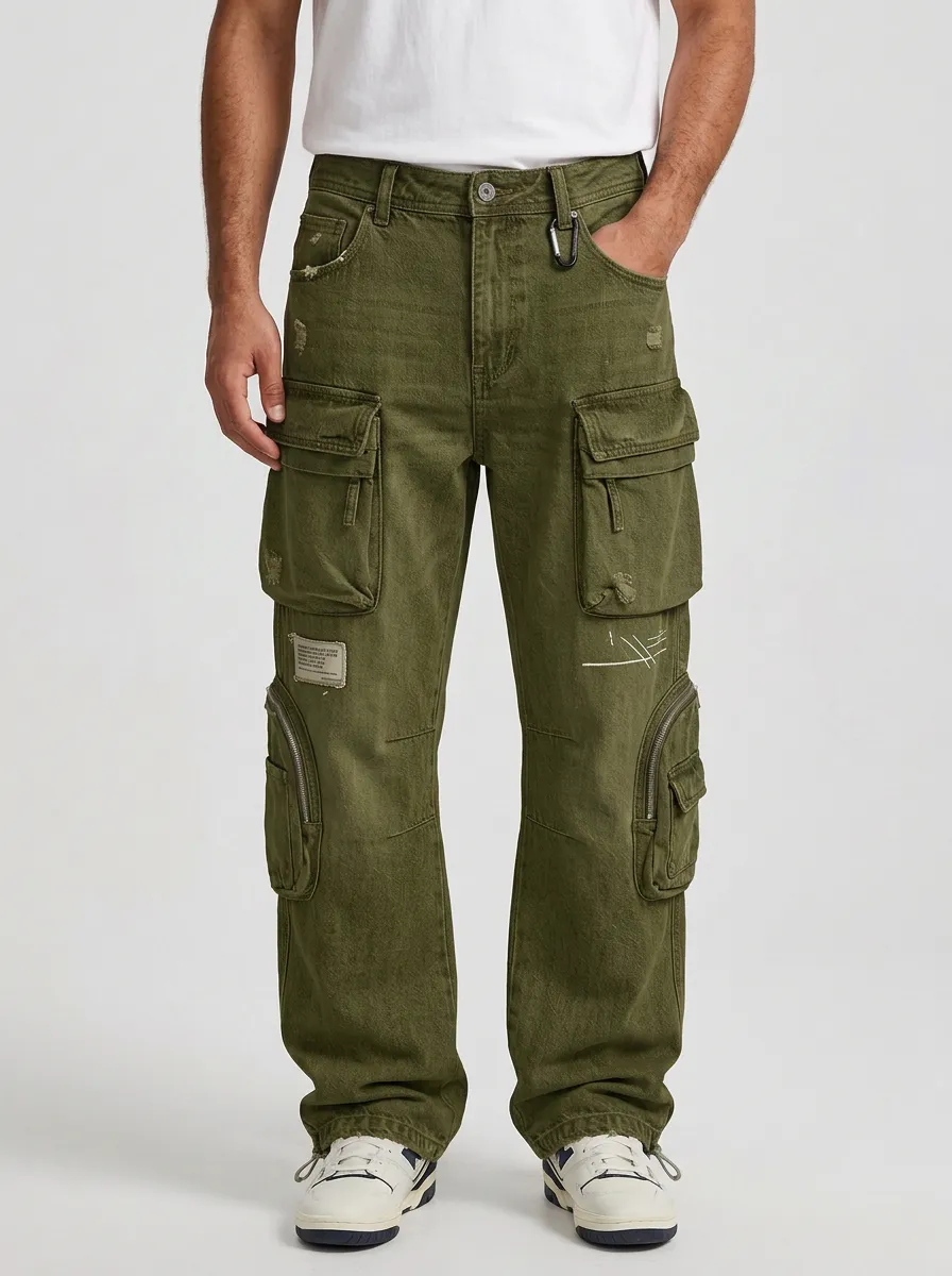 Men's Vintage Distressed Multi-Pocket Denim Cargo Jeans