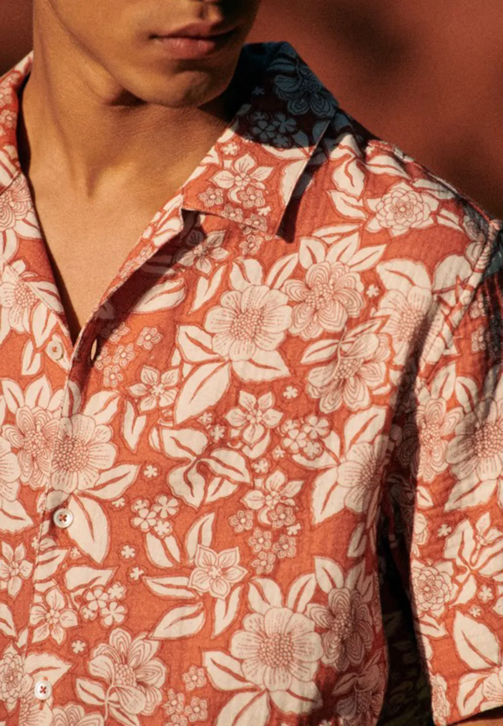 Light Orange Floral Print Short Sleeve Cotton Shirt