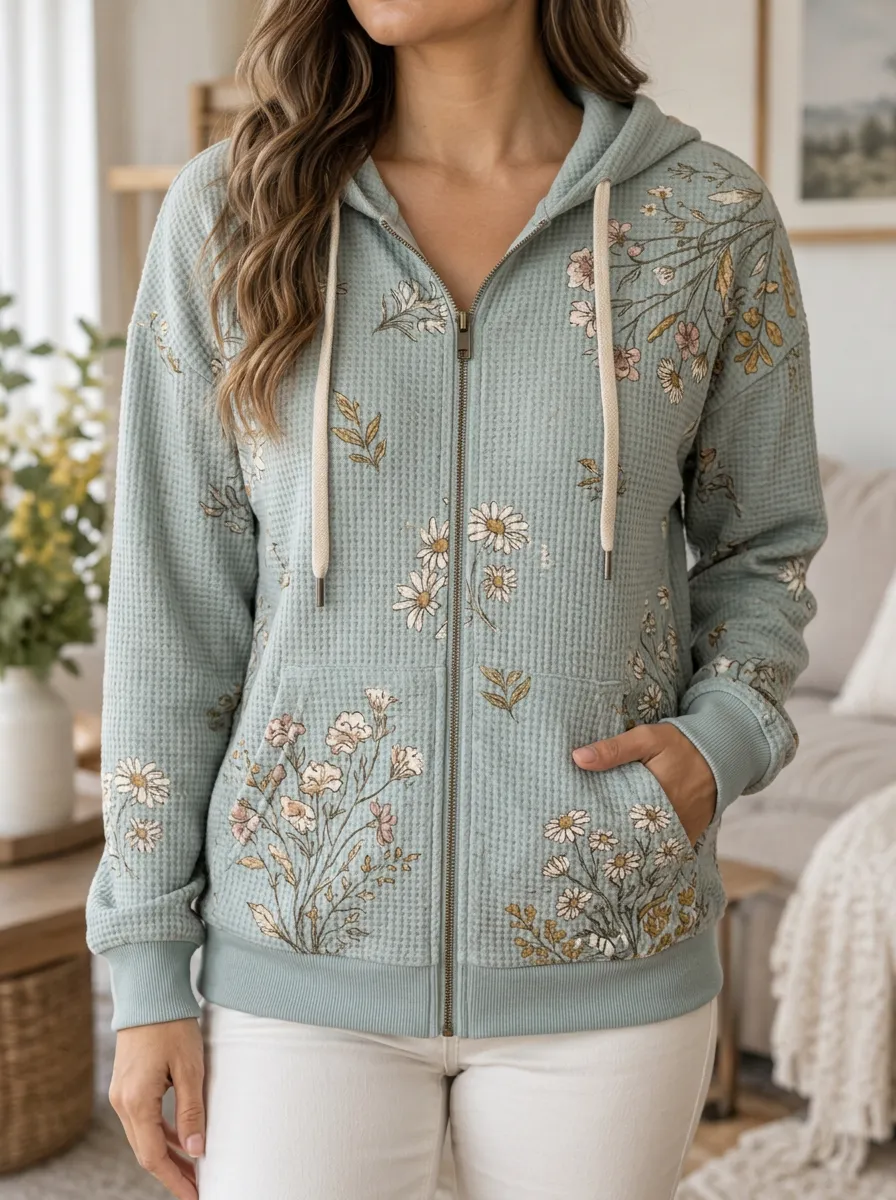 Women's Floral Daisy Signature Motif Waffle Zip-Up Hoodie