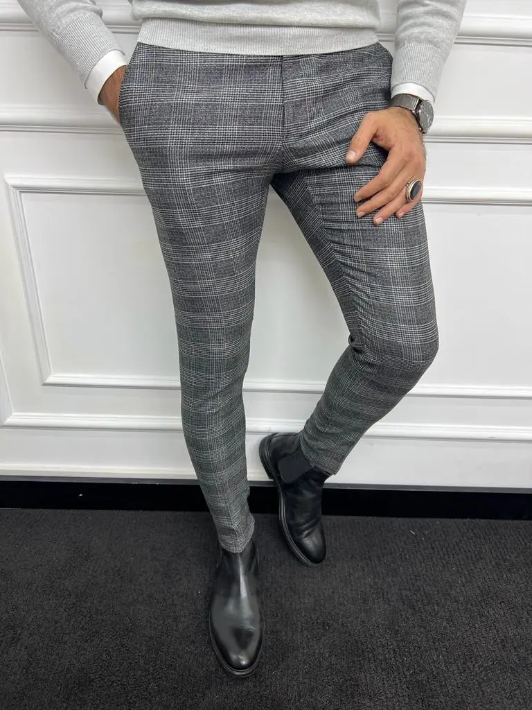 Slim Fit Striped Plaid Tailored Trousers