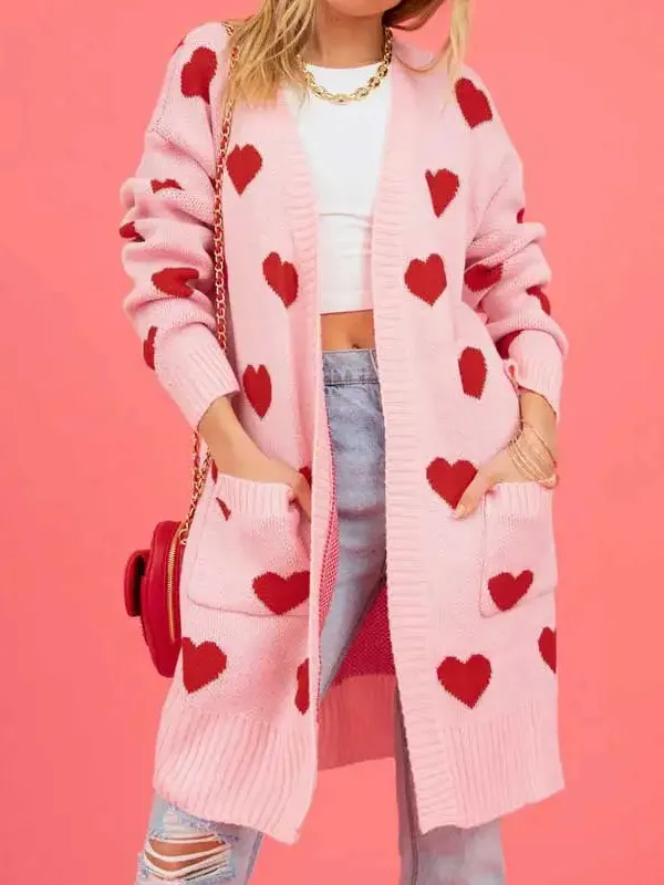 Hearts Print Long Cardigan