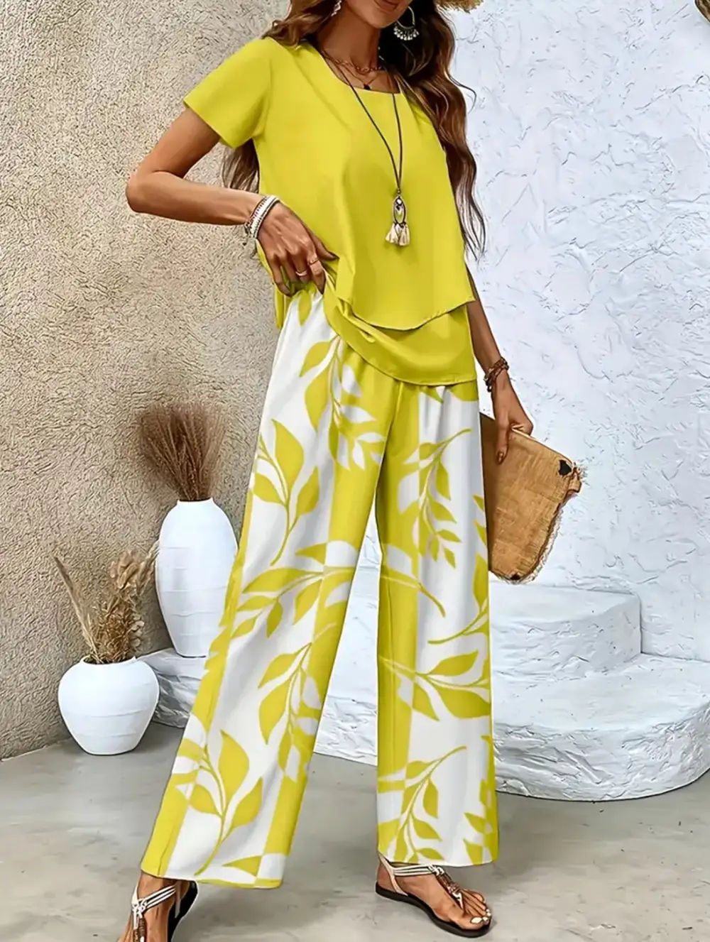 Print Top Wide-Leg Pants Set