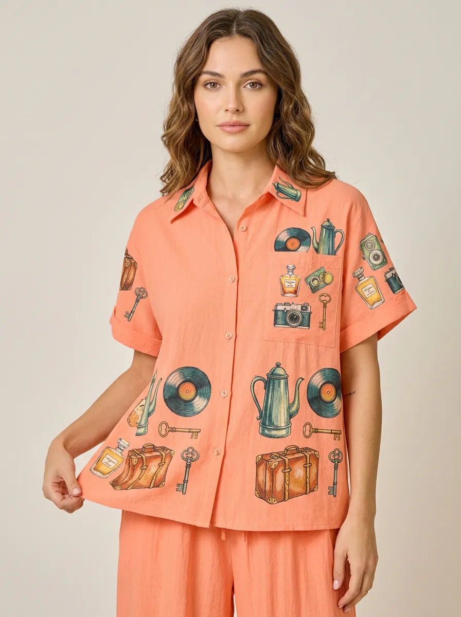 Women's Vintage Travel Inspired Camera Vinyl Printed Shirt