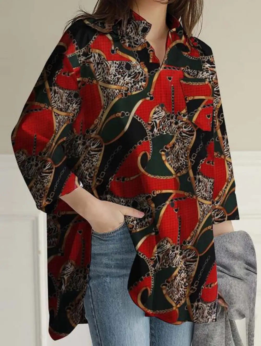 Printed Lapel Long-Sleeved Tunic Top
