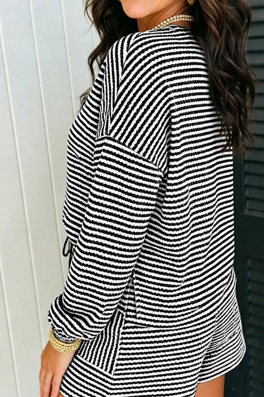 Women's Matching Textured Knit Long Sleeve Top Elastic Waist Shorts Casual Outfit