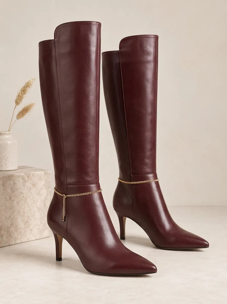 Women's Chain Detail Pointed Toe Knee High Boots
