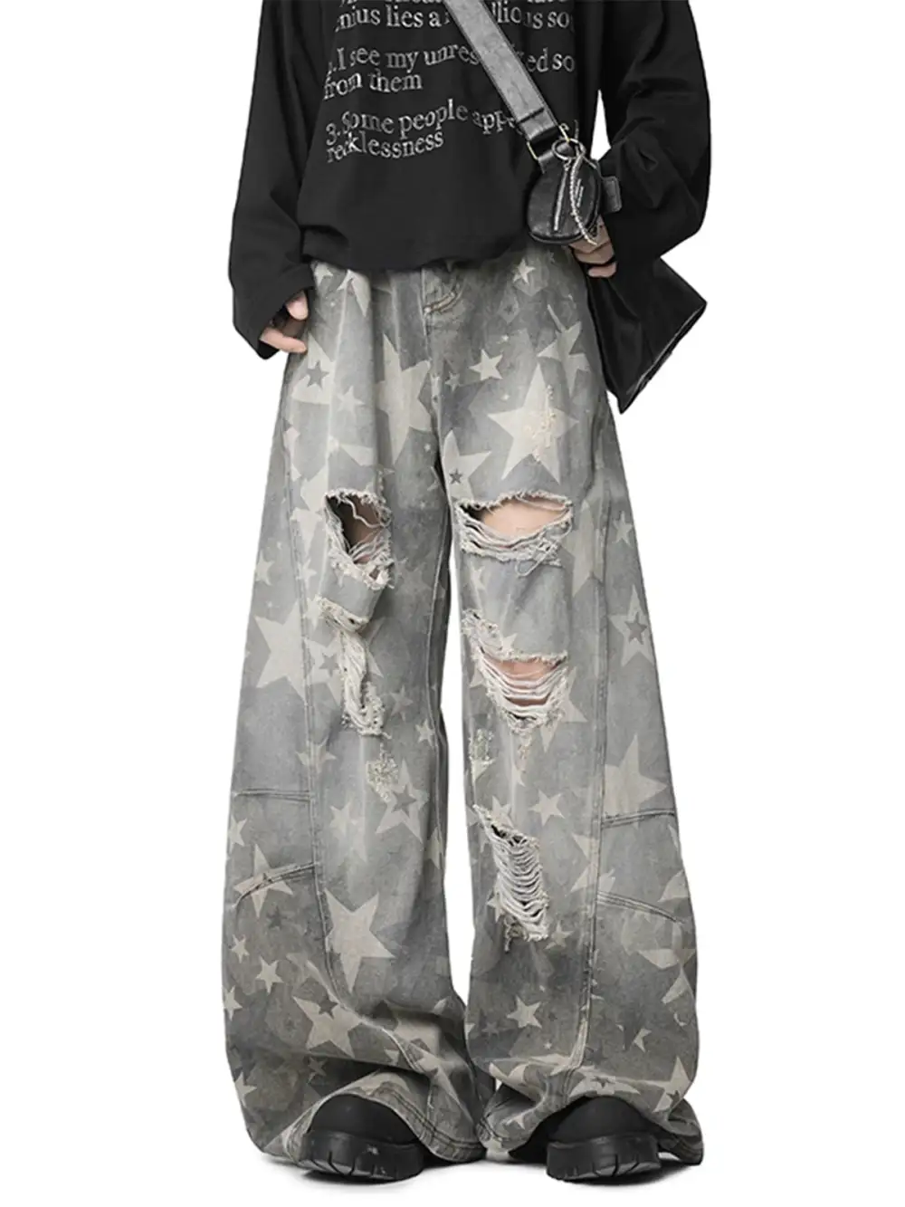 Wide-Leg Ripped Distressed Jeans