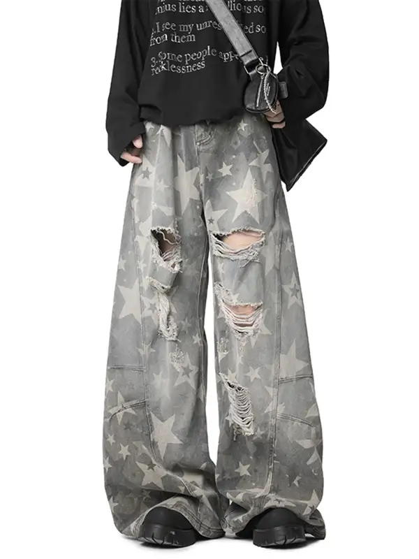 Wide-Leg Ripped Distressed Jeans