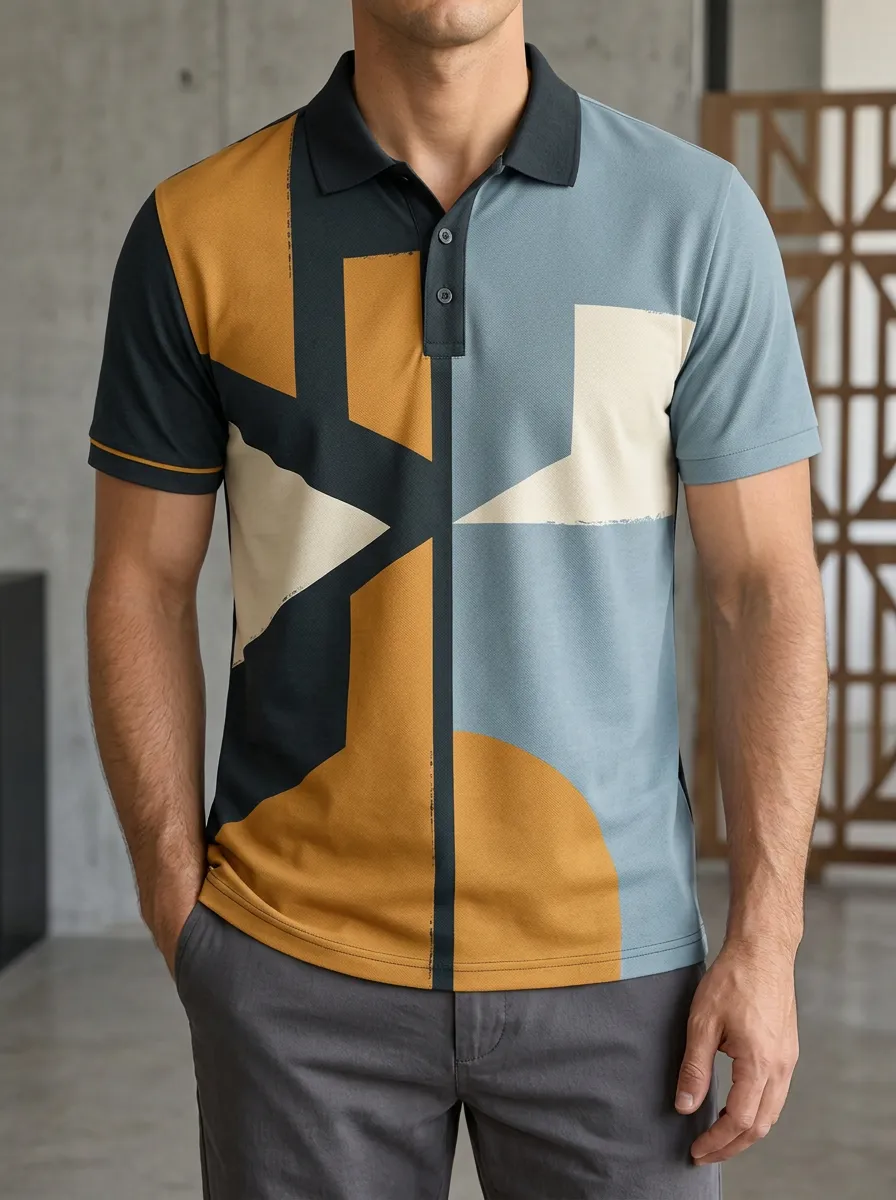 Men's Geometric Abstract Colorblock Printed Polo Shirt Weekend Casual Style