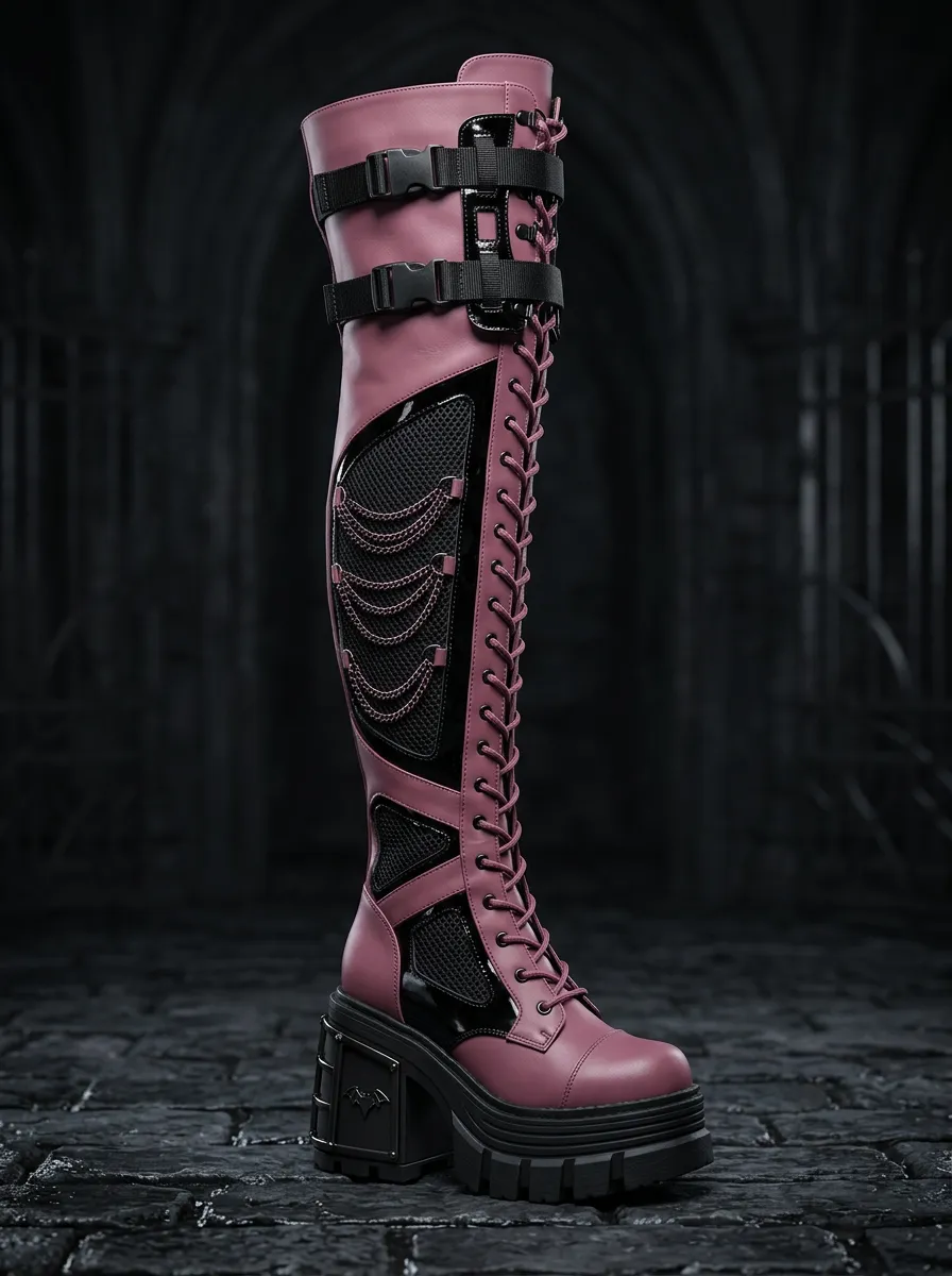 Modern Gothic Lace Lace-Up Chain Night Look Women's Gothic Platform Knee High Boots