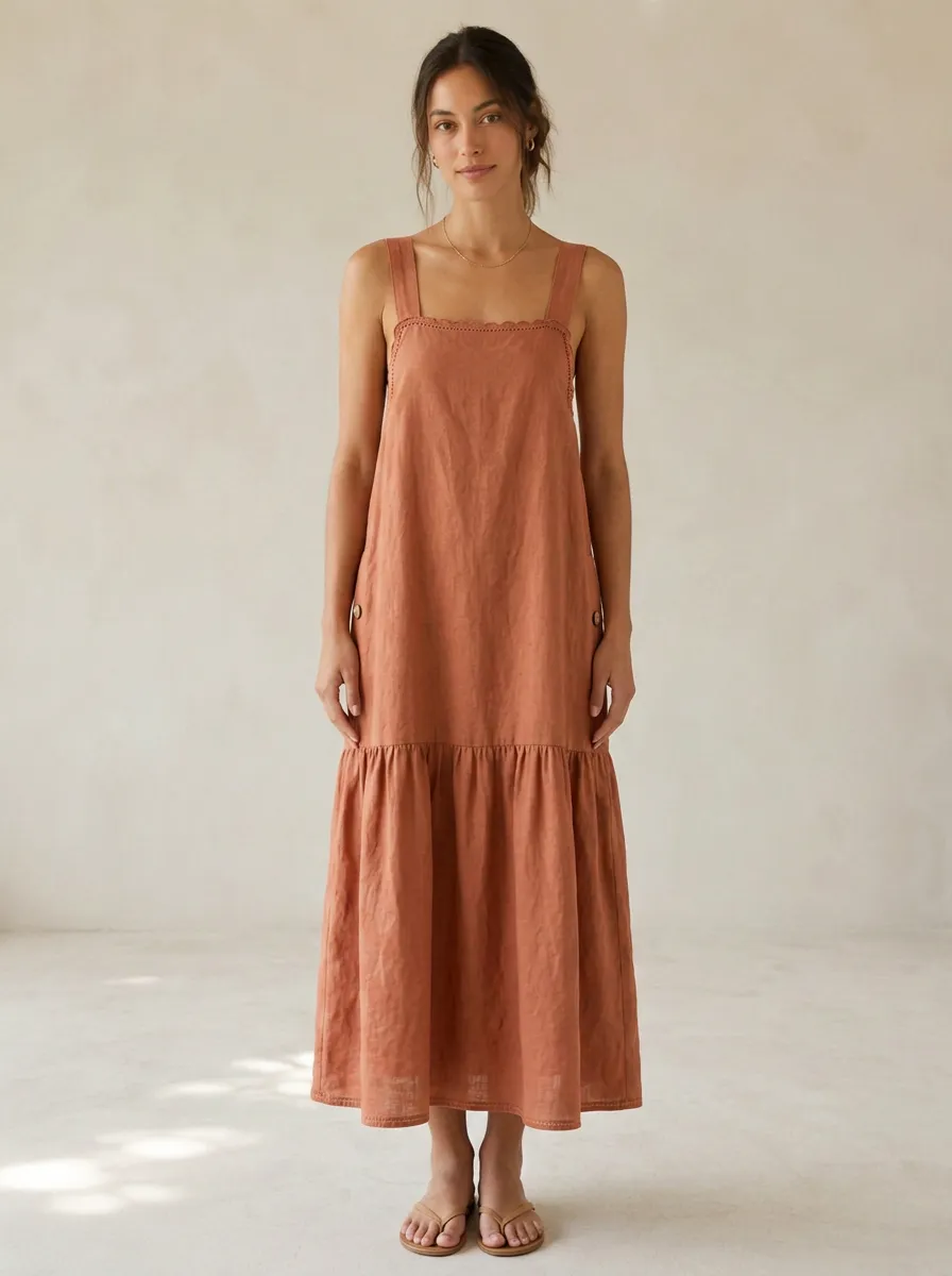 Women's Casual Ruffled Linen Maxi Backless Dress
